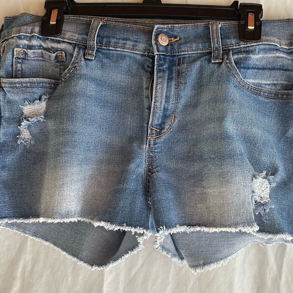 Blue Distressed Jean Shorts with Raw Hem
